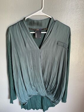 Draped V-Neck Long Sleeve Blouse in Sage Green